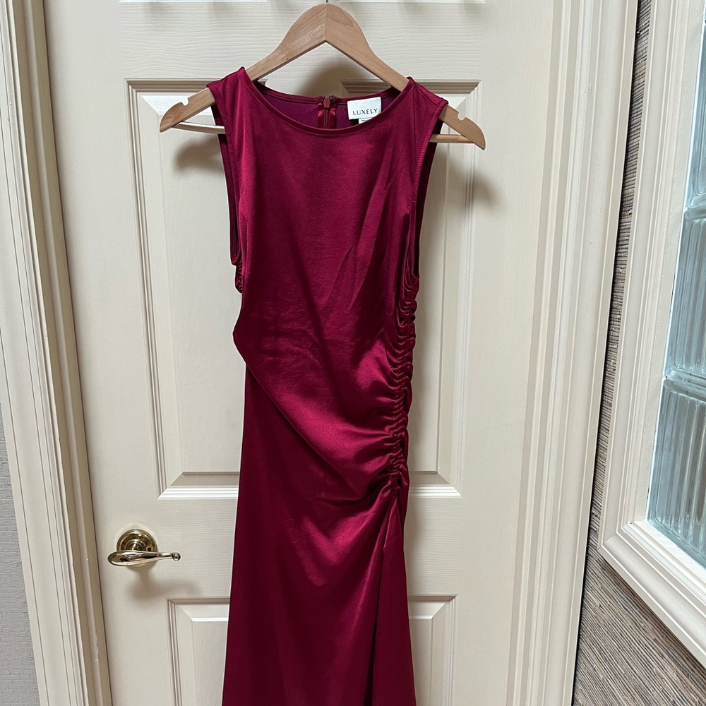 Red Asymmetrical Sheath Dress Mock Neck